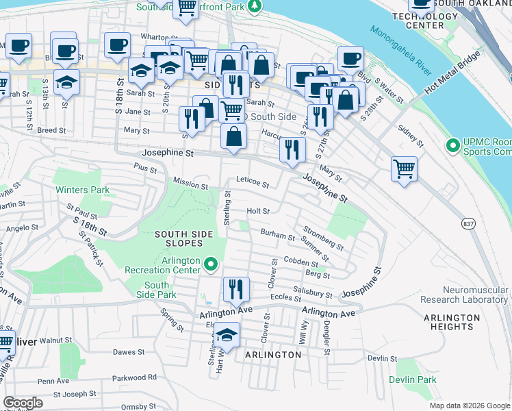 map of restaurants, bars, coffee shops, grocery stores, and more near 2410 Holt Street in Pittsburgh