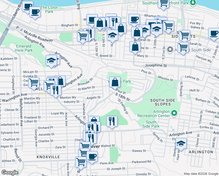 map of restaurants, bars, coffee shops, grocery stores, and more near in Pittsburgh