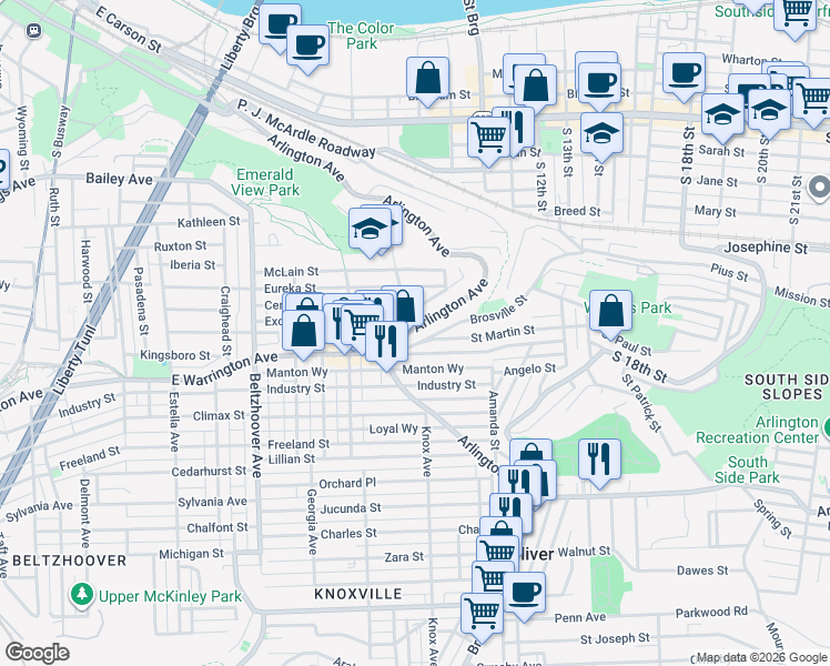 map of restaurants, bars, coffee shops, grocery stores, and more near 929 East Warrington Avenue in Pittsburgh