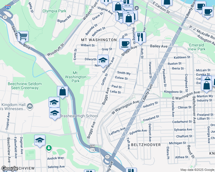 map of restaurants, bars, coffee shops, grocery stores, and more near 541 Boggs Avenue in Pittsburgh