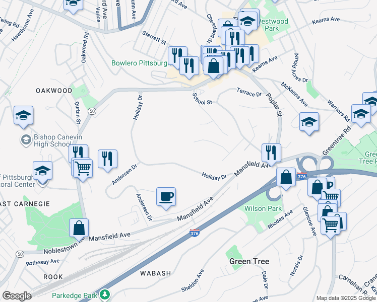 map of restaurants, bars, coffee shops, grocery stores, and more near 425 Holiday Drive in Pittsburgh