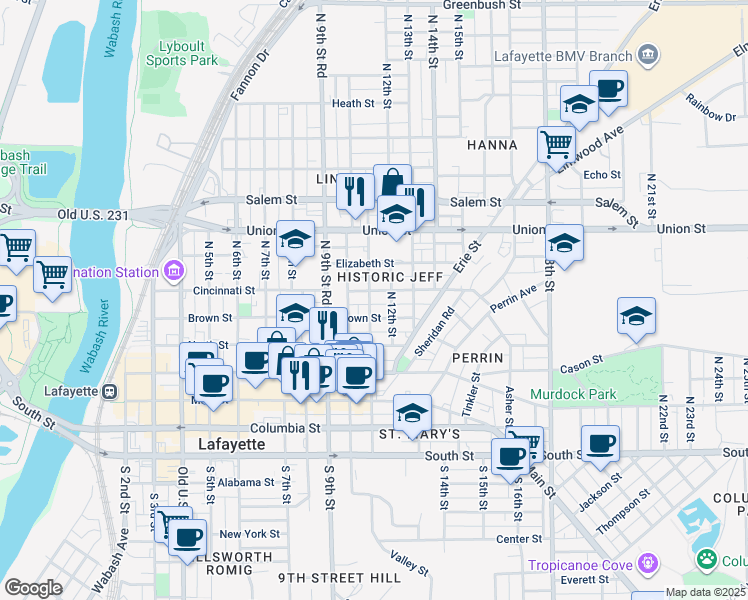 map of restaurants, bars, coffee shops, grocery stores, and more near 1110 Brown Street in Lafayette
