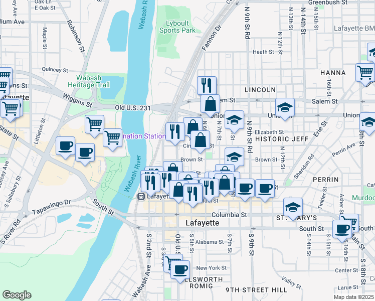 map of restaurants, bars, coffee shops, grocery stores, and more near 500 North 5th Street in Lafayette