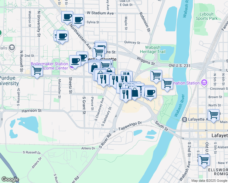map of restaurants, bars, coffee shops, grocery stores, and more near 112 East Wood Street in West Lafayette
