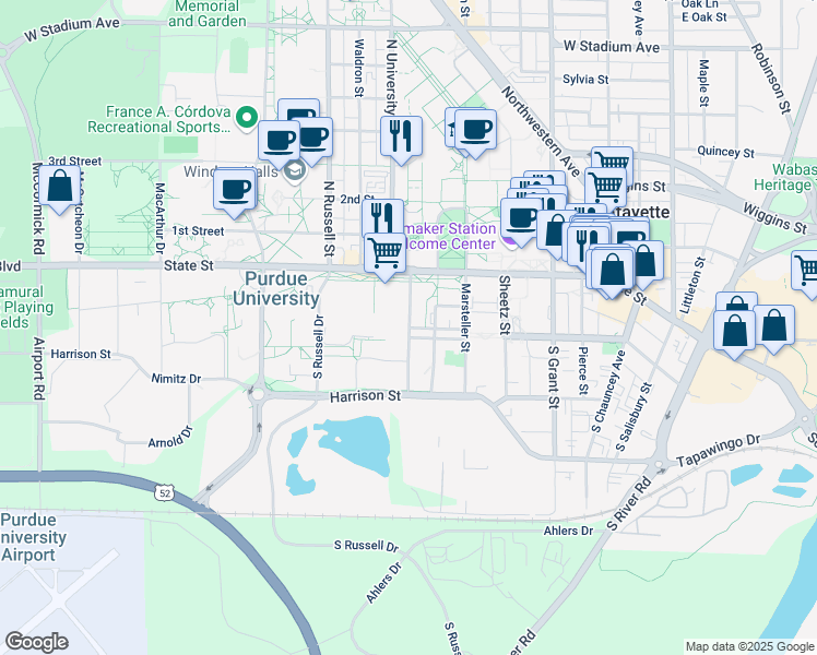 map of restaurants, bars, coffee shops, grocery stores, and more near South University Street in West Lafayette
