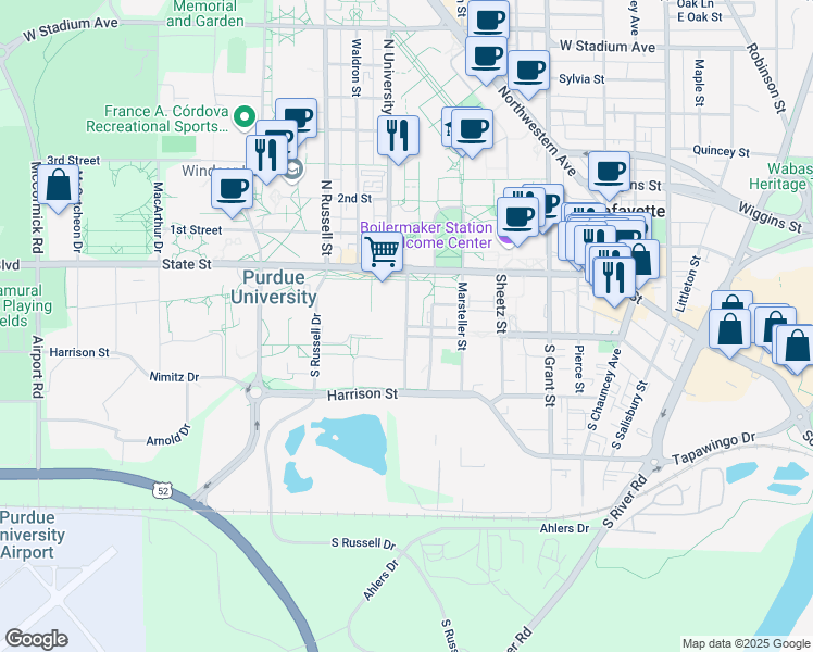 map of restaurants, bars, coffee shops, grocery stores, and more near 1501 Aviation Drive in West Lafayette