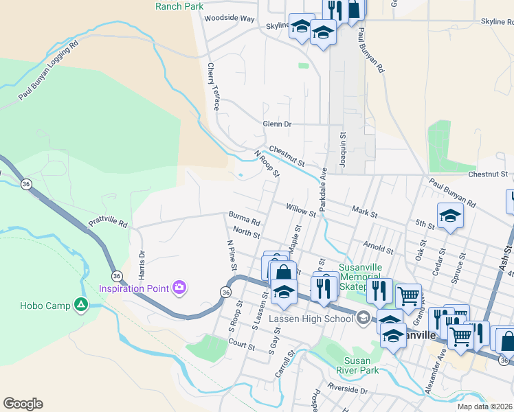 map of restaurants, bars, coffee shops, grocery stores, and more near 520 Hill Street in Susanville