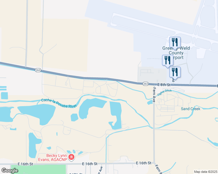 map of restaurants, bars, coffee shops, grocery stores, and more near 2040 East 8th Street in Greeley