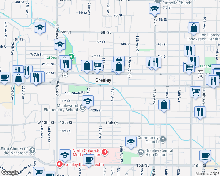 map of restaurants, bars, coffee shops, grocery stores, and more near 1016 18th Avenue in Greeley