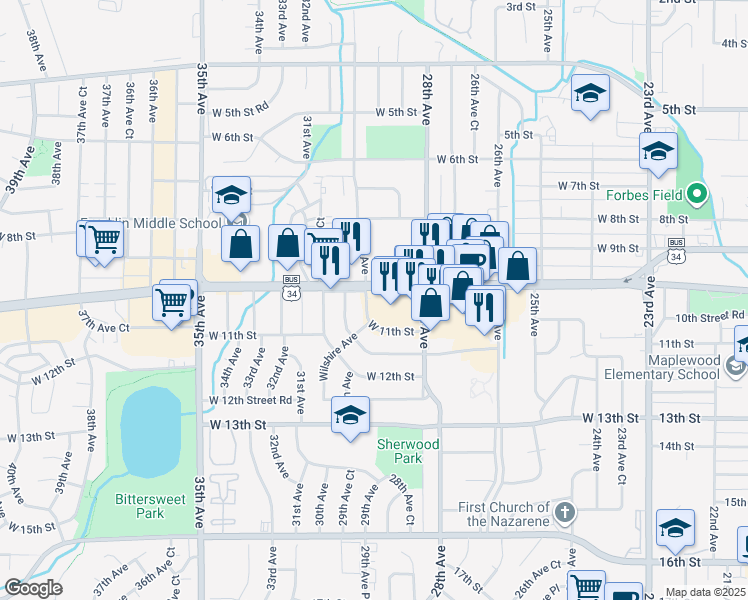 map of restaurants, bars, coffee shops, grocery stores, and more near 2912 West 10th Street in Greeley
