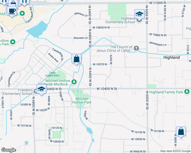 map of restaurants, bars, coffee shops, grocery stores, and more near 6373 West 10500 North Street in Highland