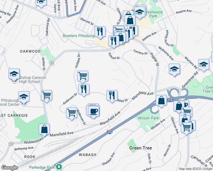 map of restaurants, bars, coffee shops, grocery stores, and more near 501 Holiday Drive in Pittsburgh