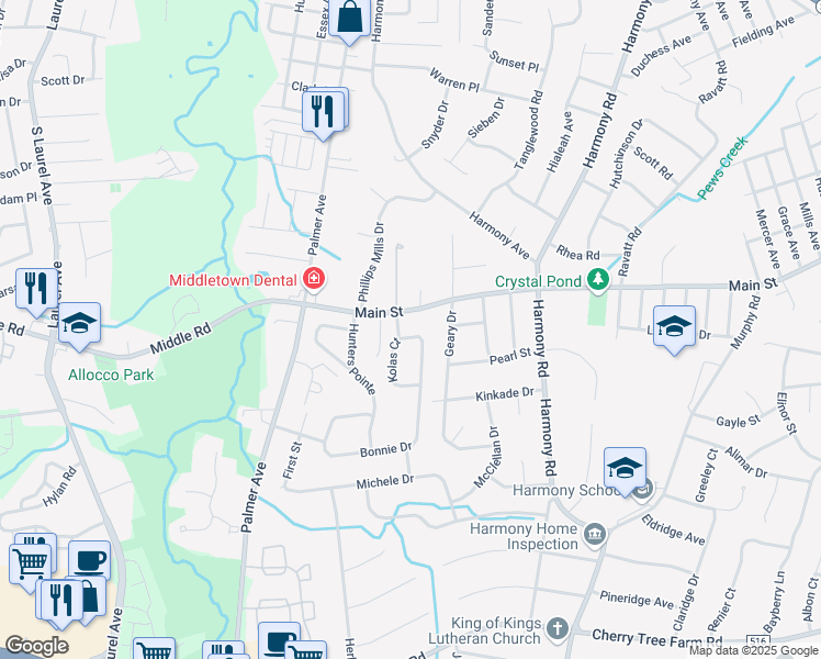 map of restaurants, bars, coffee shops, grocery stores, and more near 5 Bonnie Drive in Middletown