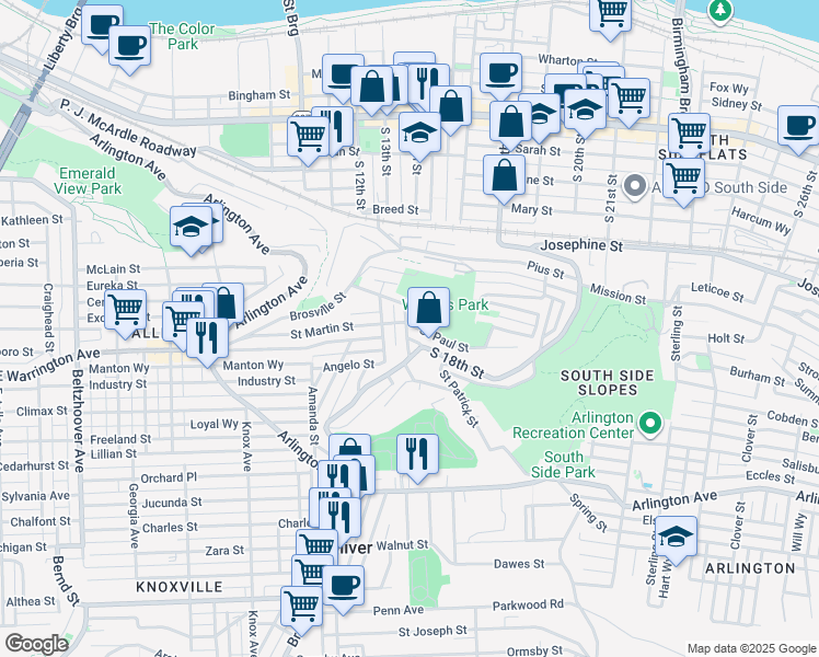 map of restaurants, bars, coffee shops, grocery stores, and more near in Pittsburgh