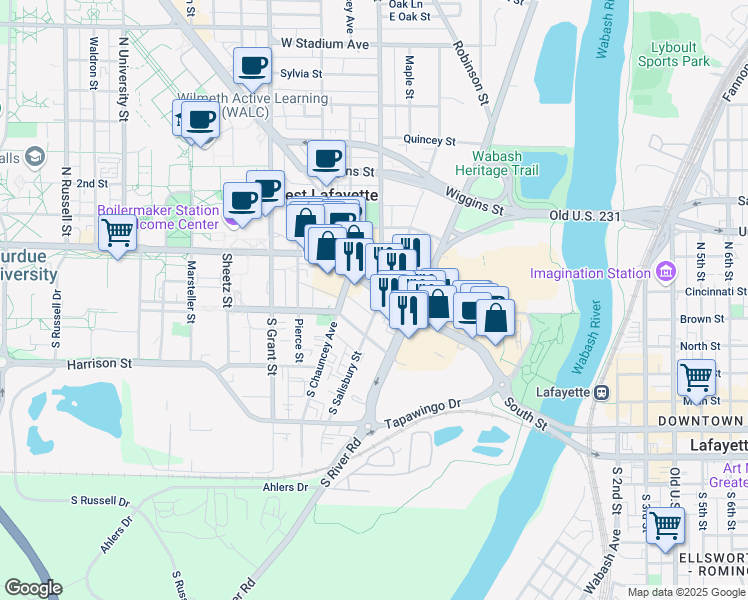 map of restaurants, bars, coffee shops, grocery stores, and more near 112 East Wood Street in West Lafayette