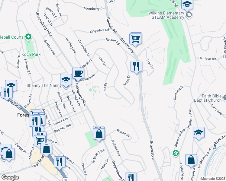 map of restaurants, bars, coffee shops, grocery stores, and more near 1004 Elizabeth Street in Pittsburgh