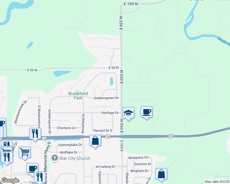 map of restaurants, bars, coffee shops, grocery stores, and more near 5416 Goldersgreen Drive in Lafayette