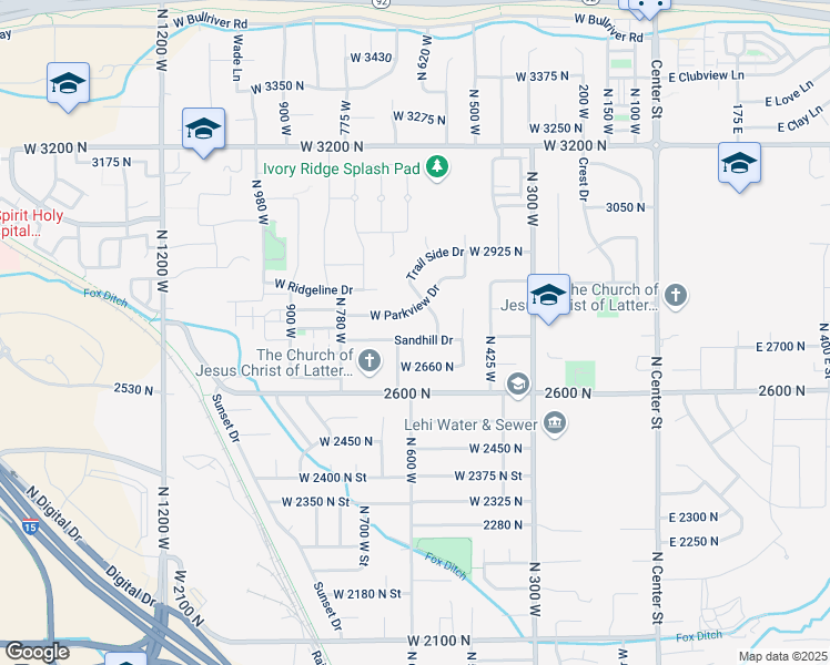 map of restaurants, bars, coffee shops, grocery stores, and more near 598 Sandhill Court in Lehi