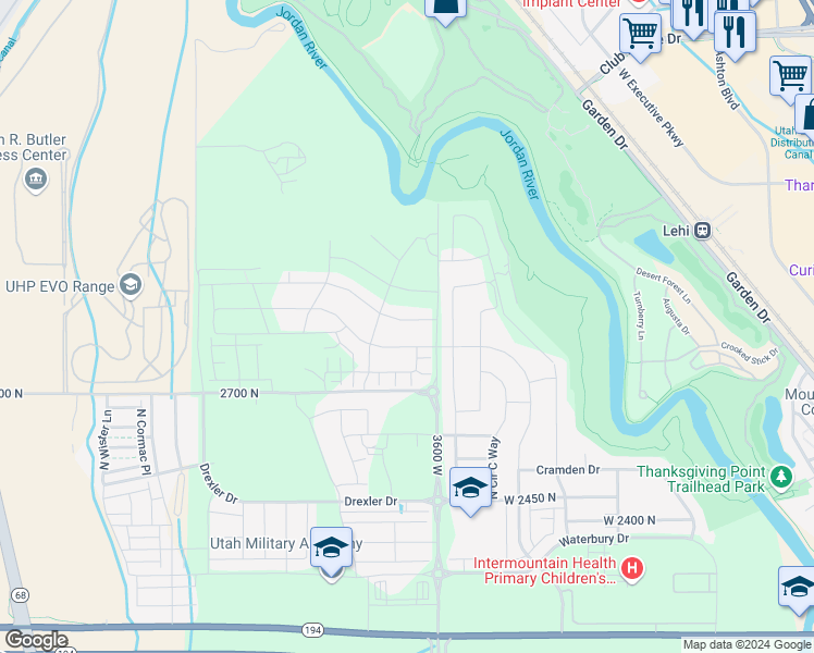 map of restaurants, bars, coffee shops, grocery stores, and more near 3677 Safflower Drive in Lehi