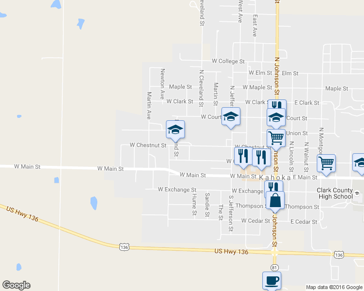 map of restaurants, bars, coffee shops, grocery stores, and more near 253-299 North Cleveland Street in Kahoka