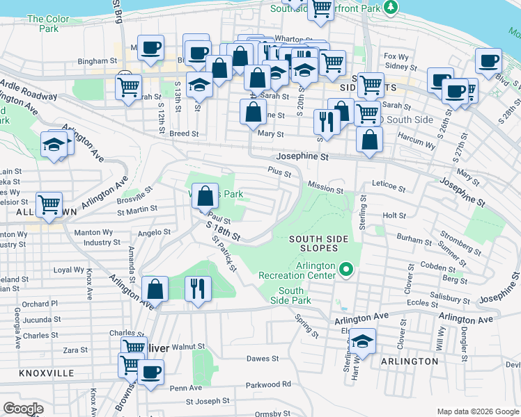 map of restaurants, bars, coffee shops, grocery stores, and more near 1930 Shamokin Street in Pittsburgh