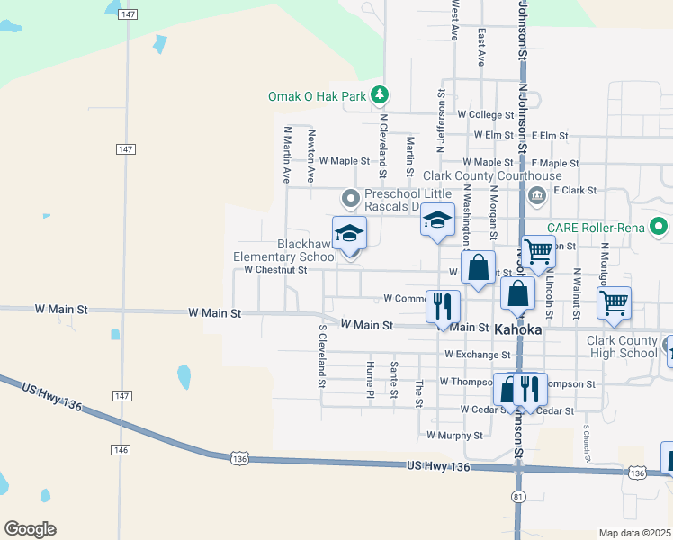 map of restaurants, bars, coffee shops, grocery stores, and more near 751 West Chestnut Street in Kahoka