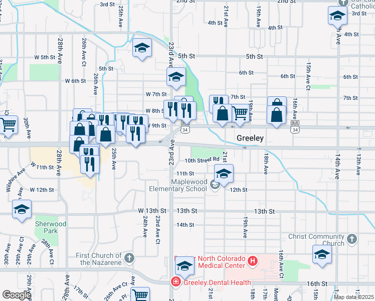 map of restaurants, bars, coffee shops, grocery stores, and more near 1005 22nd Avenue in Greeley