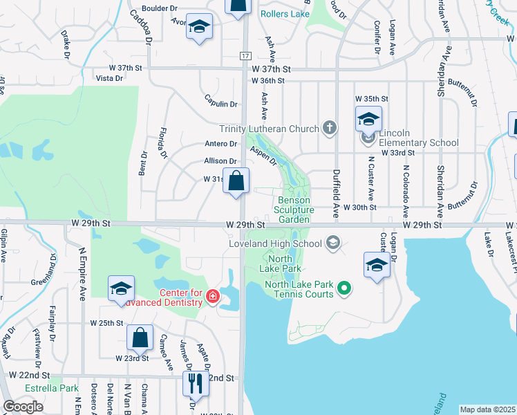map of restaurants, bars, coffee shops, grocery stores, and more near 1365 West 29th Street in Loveland