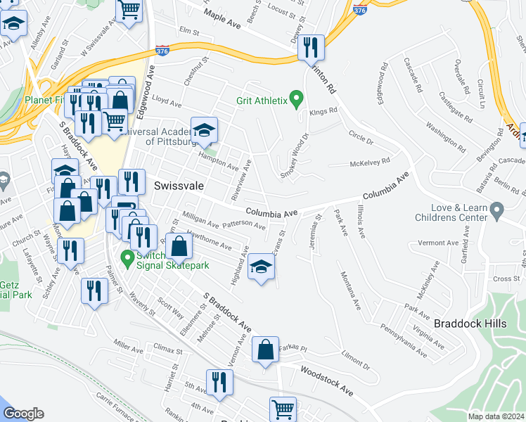 map of restaurants, bars, coffee shops, grocery stores, and more near 2341 Patterson Avenue in Pittsburgh