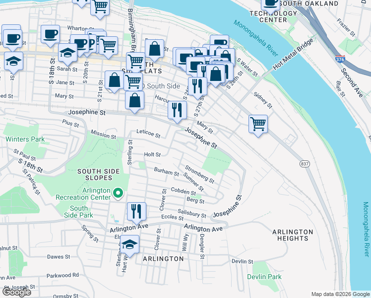 map of restaurants, bars, coffee shops, grocery stores, and more near 2625 Stromberg Street in Pittsburgh