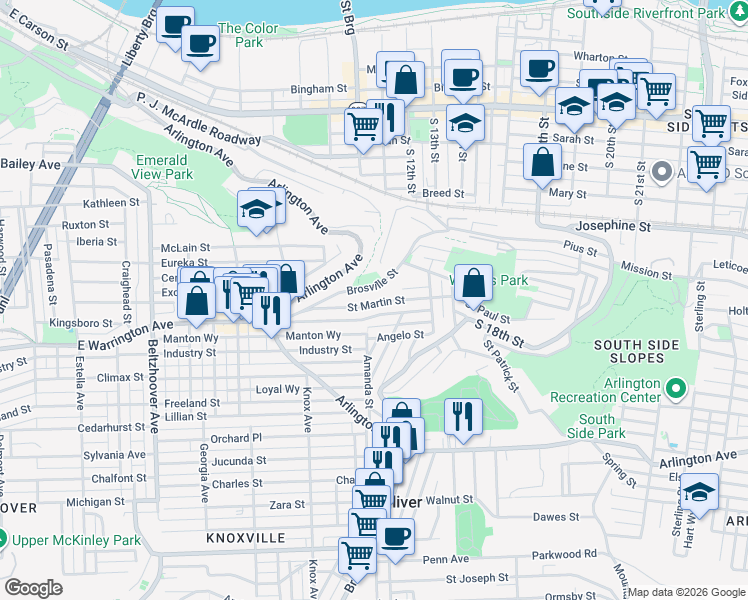 map of restaurants, bars, coffee shops, grocery stores, and more near 1018 East Warrington Avenue in Pittsburgh