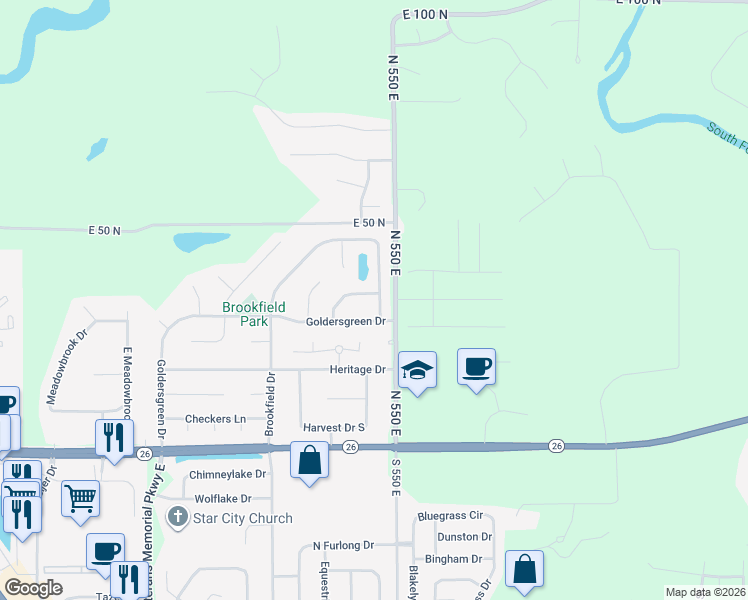 map of restaurants, bars, coffee shops, grocery stores, and more near 5416 Goldersgreen Drive in Lafayette