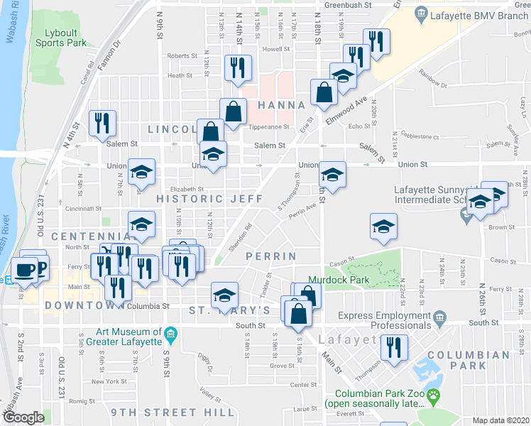 map of restaurants, bars, coffee shops, grocery stores, and more near 522 Perrin Avenue in Lafayette