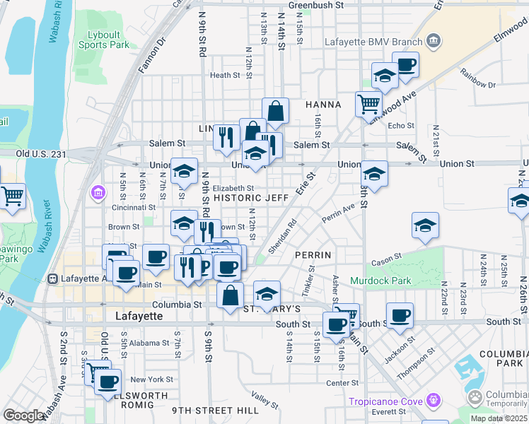map of restaurants, bars, coffee shops, grocery stores, and more near 1300 Brown Street in Lafayette