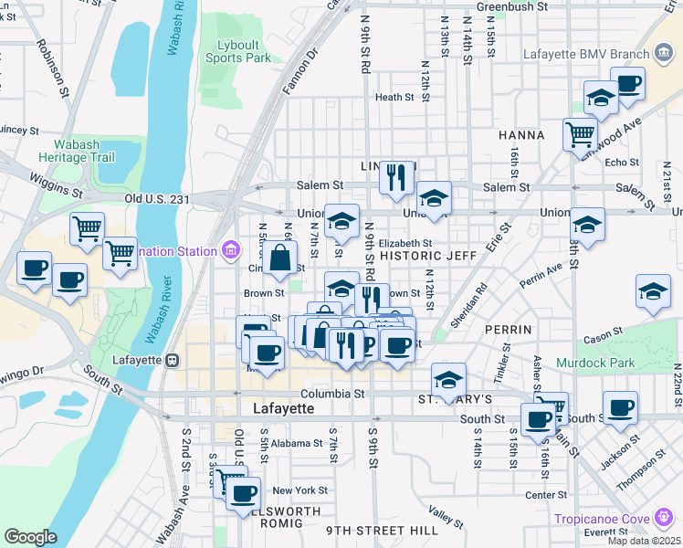 map of restaurants, bars, coffee shops, grocery stores, and more near 806 Brown Street in Lafayette