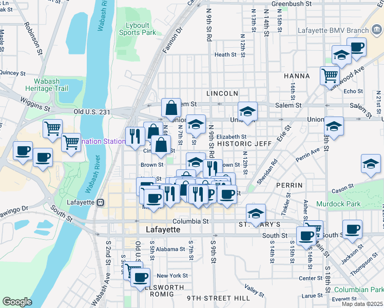 map of restaurants, bars, coffee shops, grocery stores, and more near 638 North Street in Lafayette