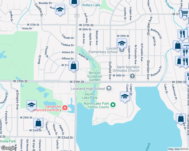 map of restaurants, bars, coffee shops, grocery stores, and more near 1125 West 29th Street in Loveland