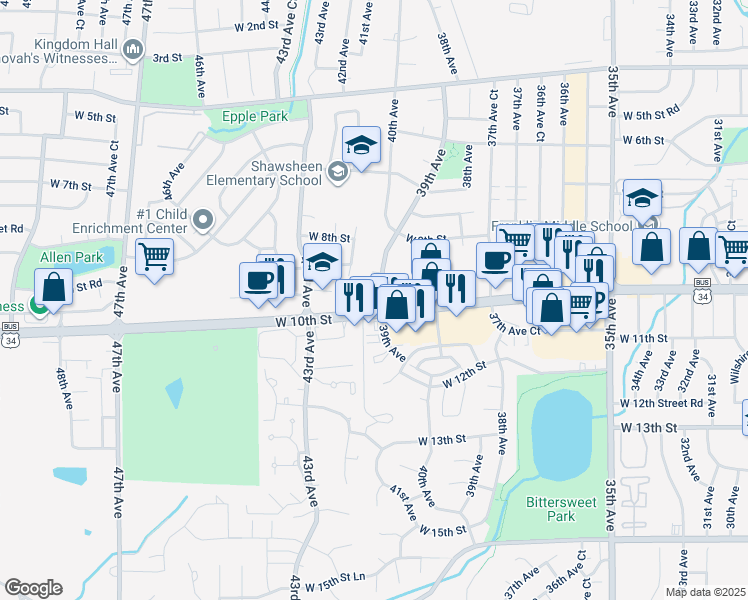map of restaurants, bars, coffee shops, grocery stores, and more near 955 39th Avenue in Greeley