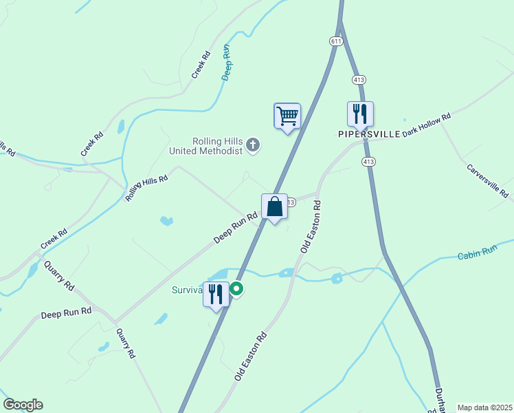 map of restaurants, bars, coffee shops, grocery stores, and more near 1708 Deep Run Road in Bucks County