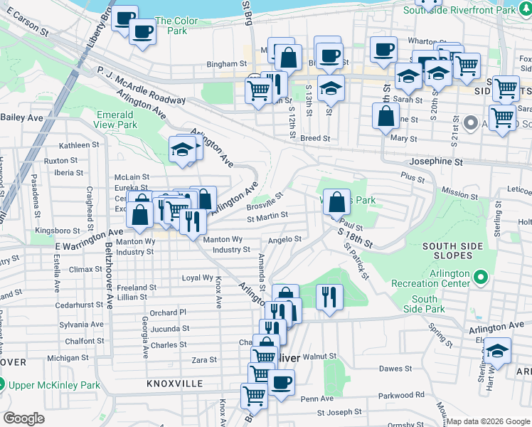map of restaurants, bars, coffee shops, grocery stores, and more near 1018 East Warrington Avenue in Pittsburgh