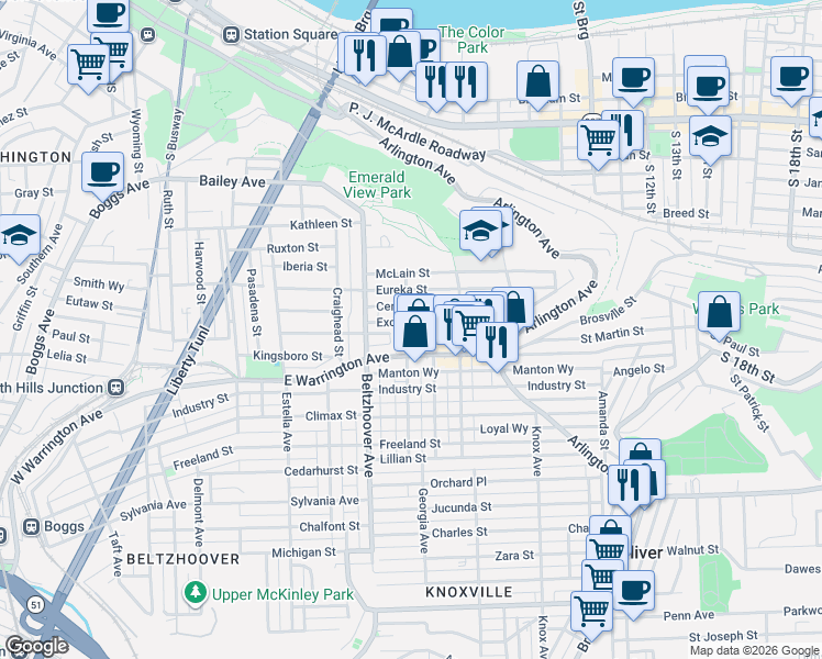 map of restaurants, bars, coffee shops, grocery stores, and more near 719 East Warrington Avenue in Pittsburgh