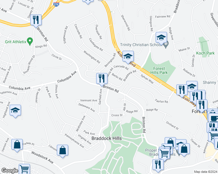 map of restaurants, bars, coffee shops, grocery stores, and more near 77 Braddock Road in Pittsburgh