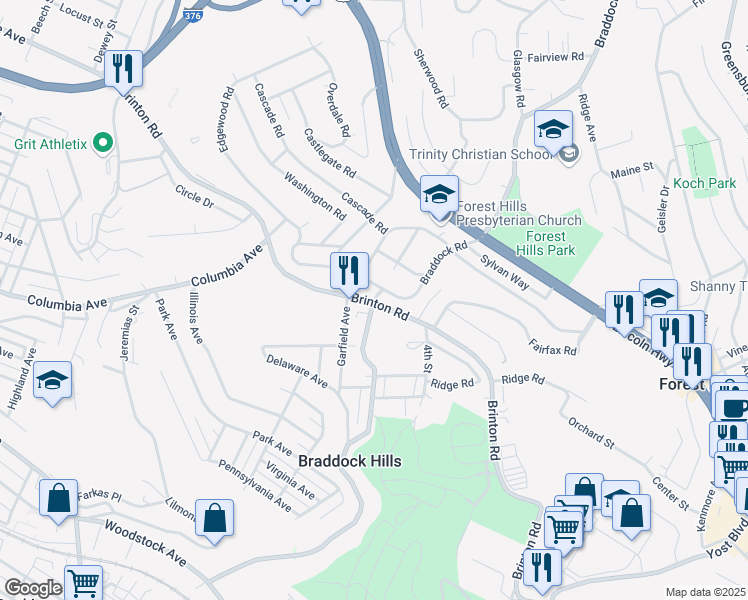 map of restaurants, bars, coffee shops, grocery stores, and more near 77 Braddock Road in Pittsburgh