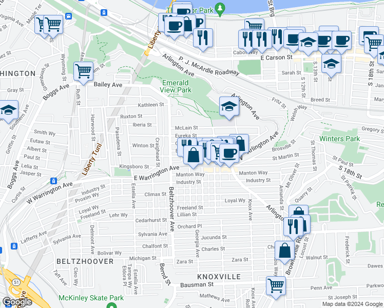 map of restaurants, bars, coffee shops, grocery stores, and more near 53 Millbridge Street in Pittsburgh