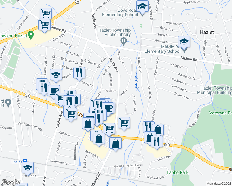 map of restaurants, bars, coffee shops, grocery stores, and more near 1 Ned Drive in Hazlet