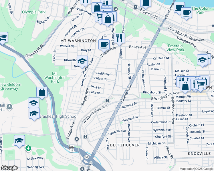map of restaurants, bars, coffee shops, grocery stores, and more near 49 Albert Street in Pittsburgh