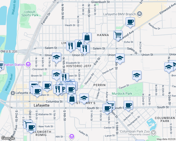 map of restaurants, bars, coffee shops, grocery stores, and more near 1300 Brown Street in Lafayette