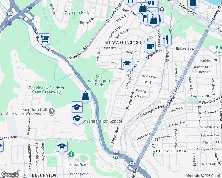 map of restaurants, bars, coffee shops, grocery stores, and more near 18 Simms Street in Pittsburgh