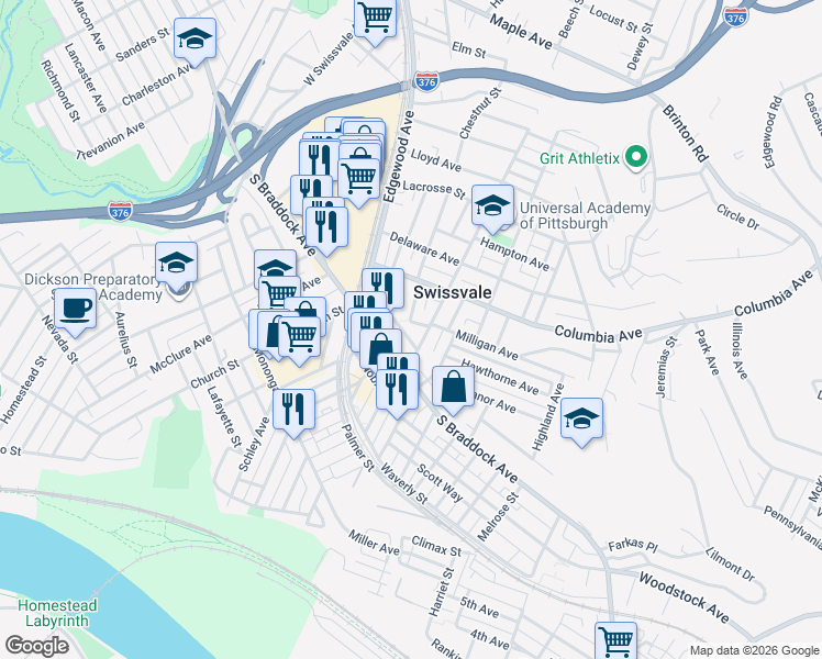 map of restaurants, bars, coffee shops, grocery stores, and more near 7618 Westmoreland Avenue in Pittsburgh