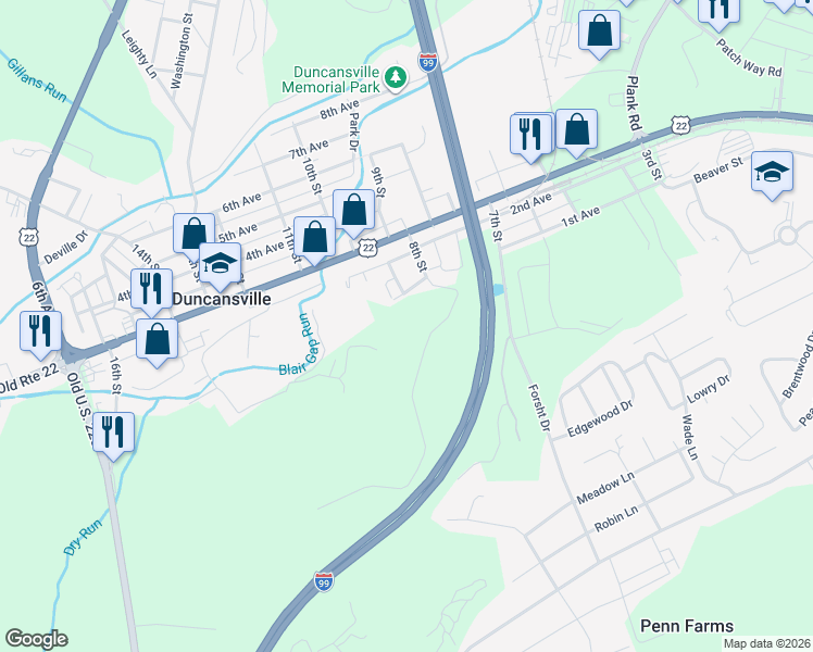 map of restaurants, bars, coffee shops, grocery stores, and more near 8-14 Cedar Heights in Duncansville